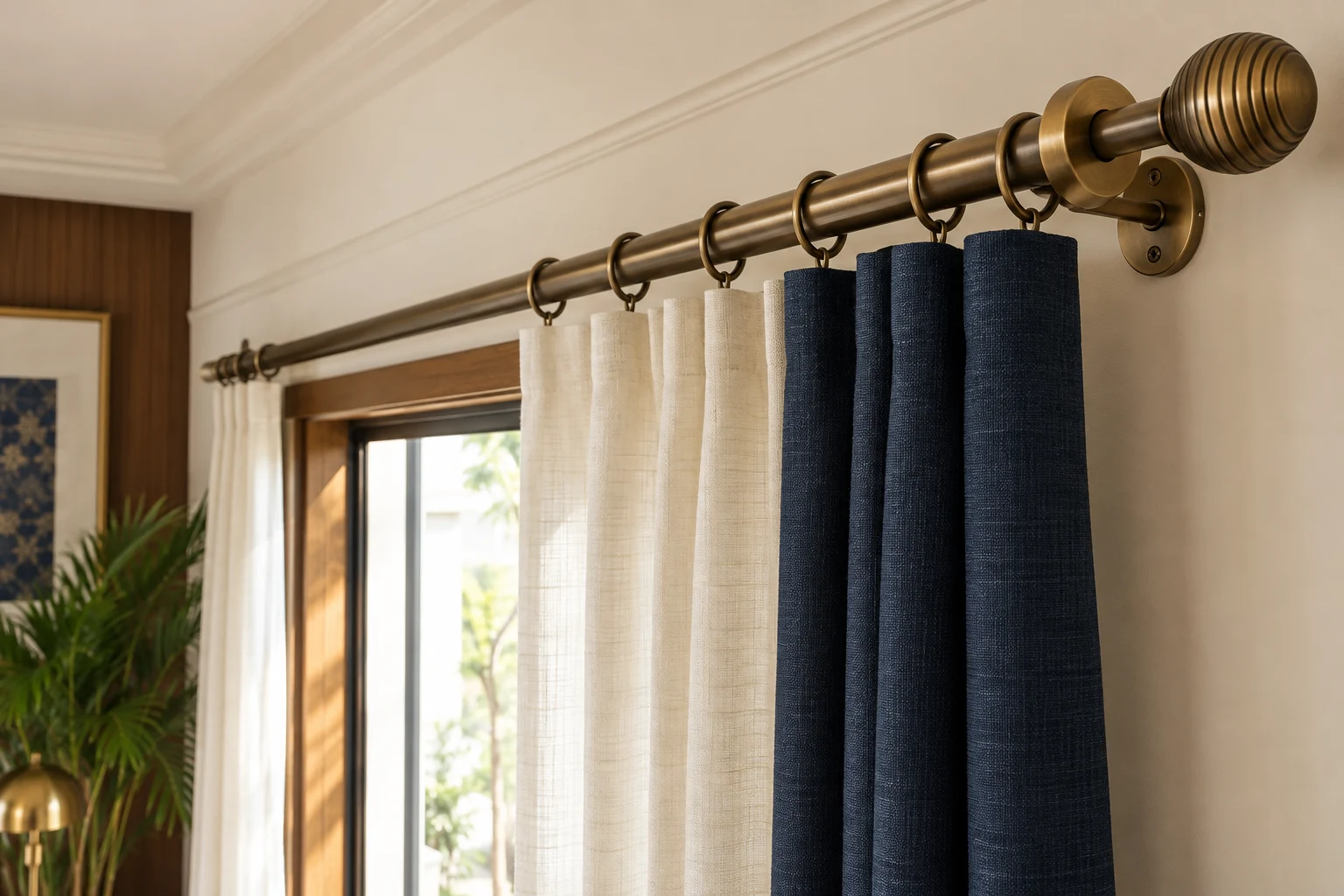 Bronze curtain rod with finial and rings supporting ivory and navy curtains