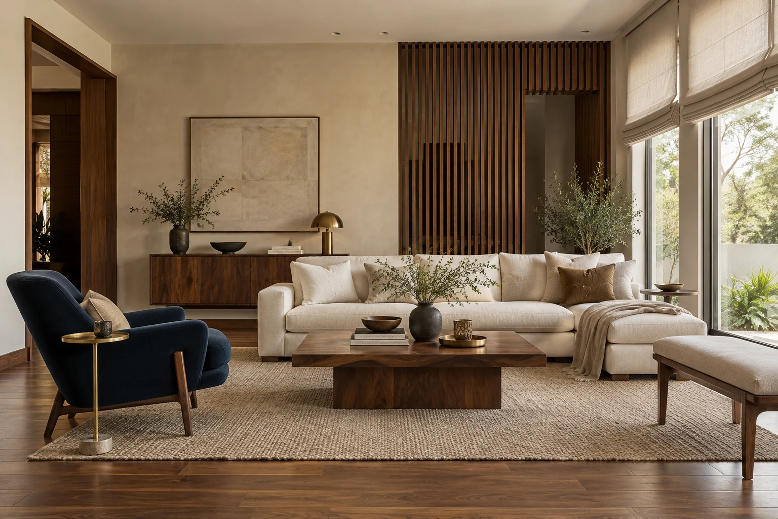 Interior concept with warm wood, ivory seating, navy accents and soft Roman blinds