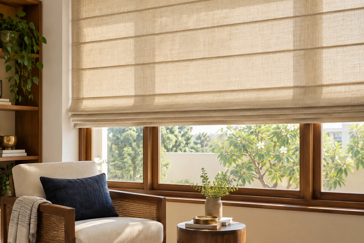 Beige linen Roman blinds with horizontal folds in a sunlit reading corner