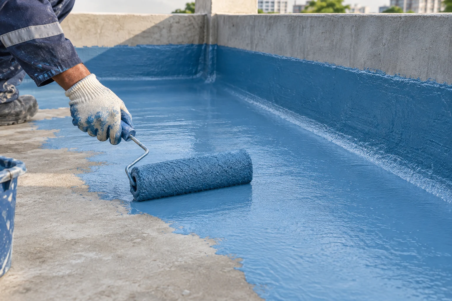 Gloved hands applying a blue waterproof coating to a terrace floor with a roller