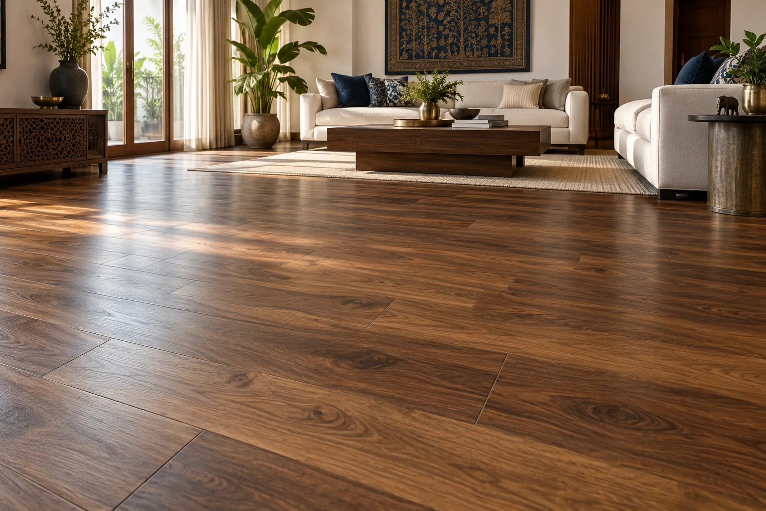 Rich wooden plank flooring in a bright contemporary living room