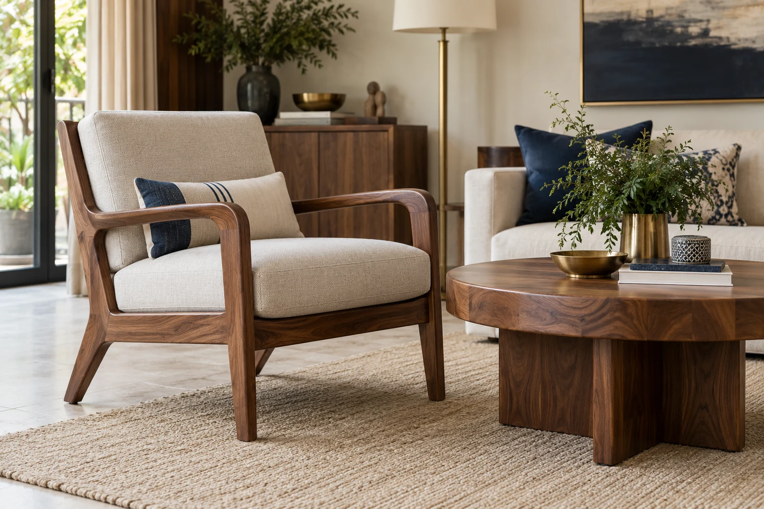 A walnut wooden armchair and coffee table in a refined neutral lounge