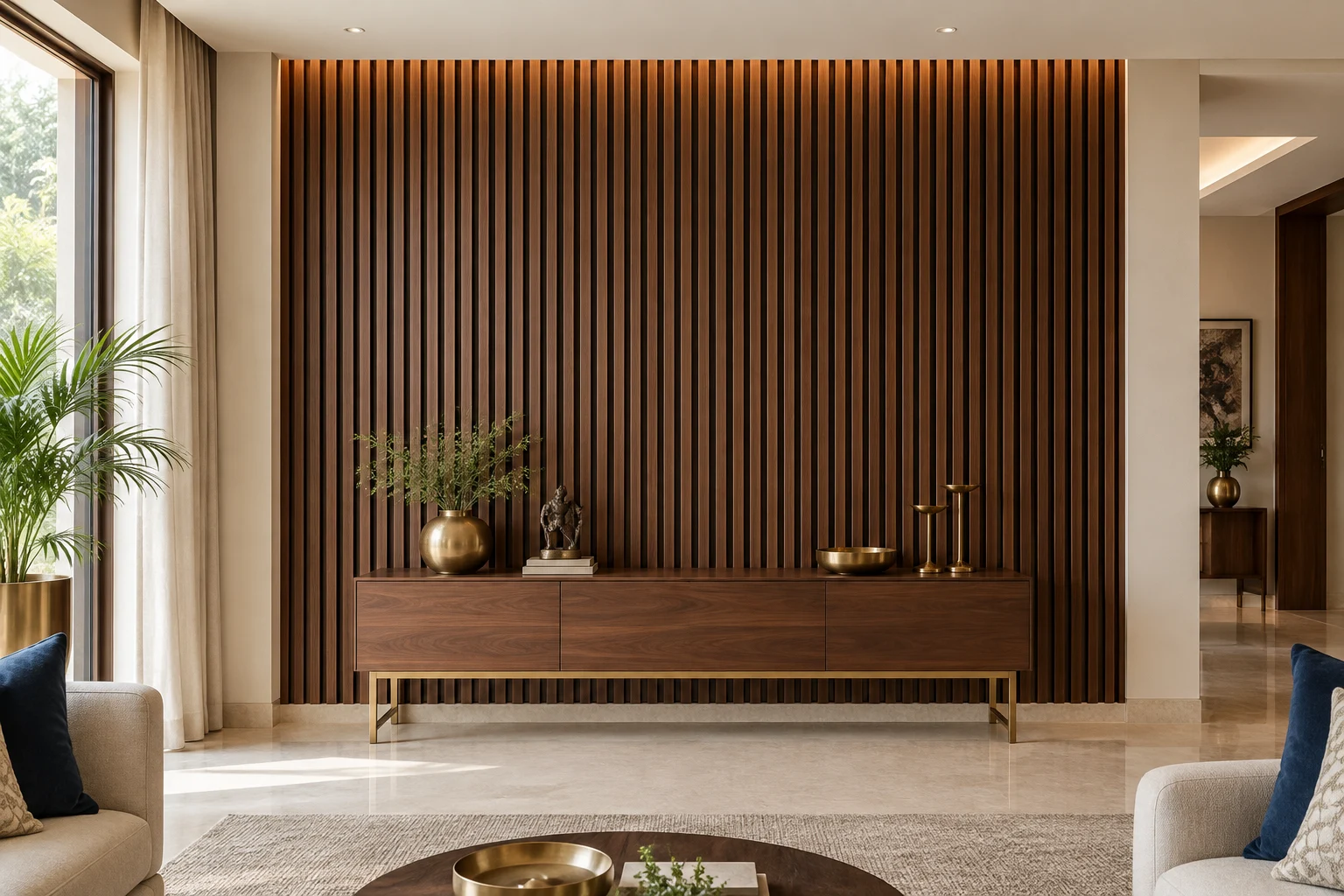 Walnut-finish vertical louvers forming a feature wall behind a console